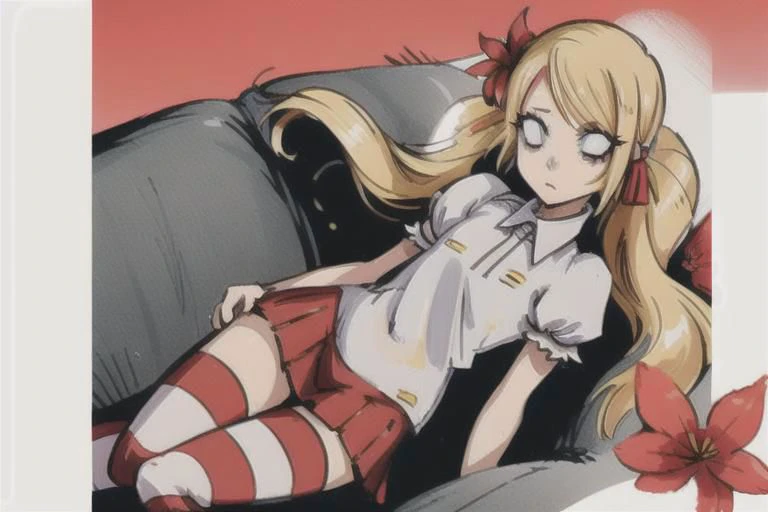 anime, 1girl, solo, Wendy, white shirt, short puffy sleeves, red pleated skirt, hair flower, no pupils, blank eyes, striped thigh highs
