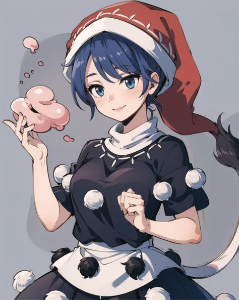masterpiece, best quality, <lora:DoremySweet:1>,doremy sweet, 1girl,nightcap,blue hair,short hair,blue eyes,short sleeves, dress,pom pom \(clothes\), tapir tail, dream soul,grey background, smile,cowboy shot,
