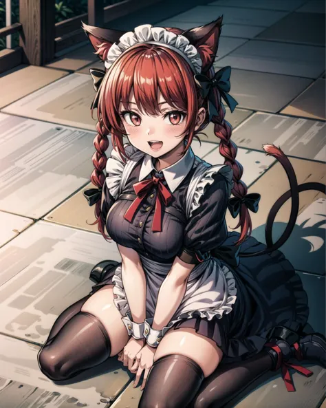 <lora:KaenbyouRin:1>,1girl, solo, animal ears, thighhighs, red hair, red eyes, twin braids, cat ears, braid, kaenbyou rin, checkered floor, alternate costume, blush, maid headdress, maid, black thighhighs, enmaided, sitting, wariza, wrist cuffs, apron, looking at viewer, heart-shaped pupils, bell, breasts, open mouth, hairband, large breasts, waist apron, symbol-shaped pupils, bow, heart, zettai ryouiki, hair bow, long hair, short sleeves, v arms, ribbon, 2 tails, multiple tails, cat tail, shoes, smile, dress, <lora:add_detail:1>, masterpiece, best quality, (kbxll:0.6)