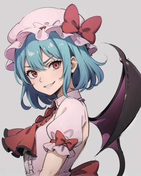<lora:remilia:1>,1girl,pink dress,mob cap,ribbon,blue hair,red eyes,evil smile,bow,ascot, demon wings,grey background, (kbxll:0.8), masterpiece, best quality, Eizan Kikukawa, official art, a character portrait, rococo