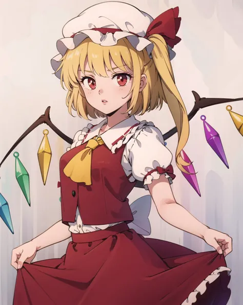 <lora:flandre:0.7>, 1girl, ascot, blonde_hair, cowboy_shot, crystal, flandre_scarlet, gradient, gradient_background, grey_background, hat, hat_ribbon, lips, looking_at_viewer, mob_cap, one_side_up, parted_lips, puffy_short_sleeves, puffy_sleeves, red_eyes, red_ribbon, red_skirt, red_vest, ribbon, shirt, short_sleeves, skirt, skirt_hold, skirt_set, solo, vest, white_headwear, wings, yellow_ascot, <lora:smv1:0.6>, masterpiece, best quality,
