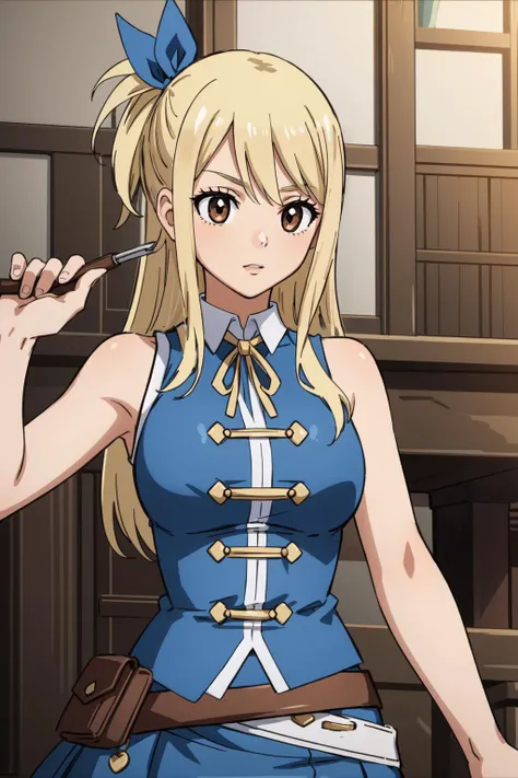 (masterpiece, best quality), intricate details,
<lora:lucy_heartfilia_v1.1:0.8> lucy heartfilia, 1girl, solo, blonde hair, brown eyes, long hair, hair ribbon, large breasts, white shirt, sleeveless, belt, blue skirt,