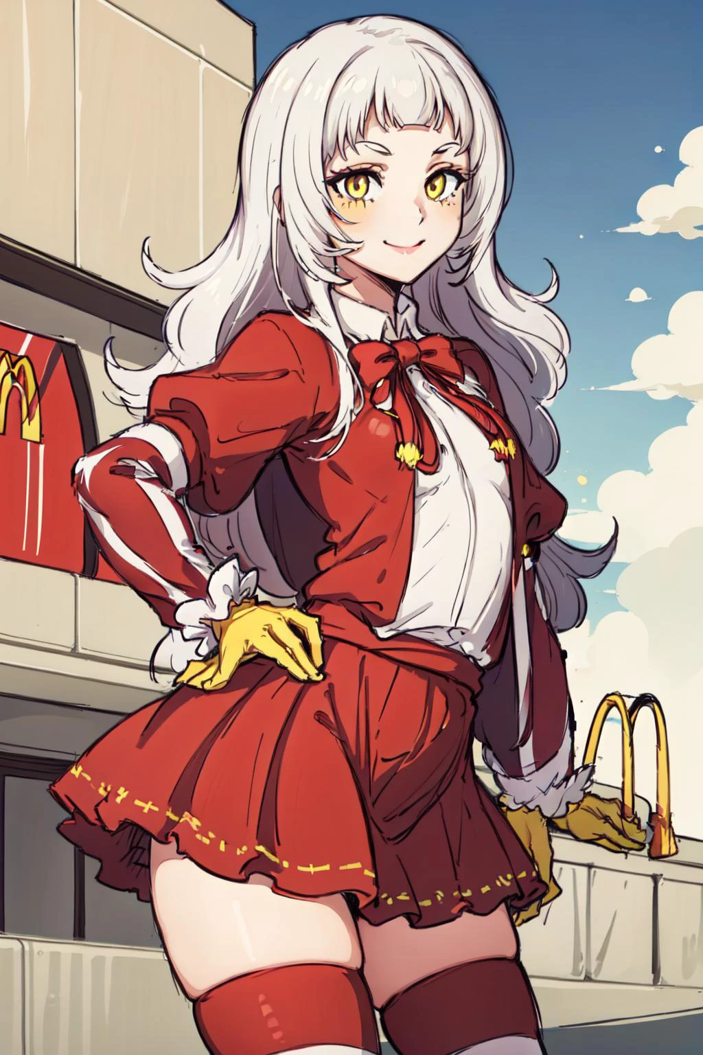 best quality, intricate details,
1girl, <lora:ShionV2D8_e6:0.8> small breasts, cowboy shot,outdoors, smile, white hair, yellow eyes,
<lora:McDonaldChan_characeter-20:0.6> RonaldChan, (yellow gloves, striped thighhighs, striped sleeves), makeup, mcdonald's,