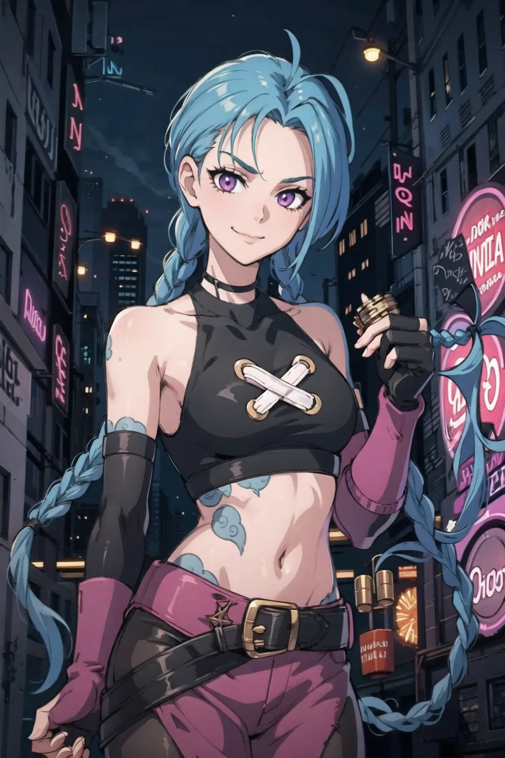 nsfw, upper body, (solo) (1girl, medium breasts), (beautifully drawn face:1.2) ( jinxlol, navel, gloves, fingerless gloves, character name, midriff, bare shoulders, looking at viewer, gun, crop top, belt,outdoors,:1.3) stern smile, dynamic pose, BREAK
(standing in very dark cyberpunk night casino:1.3) gundam through screen BREAK
<lora:jinxLeagueOfLegends_v10:1> to8contrast style, <lora:theovercomer8sContrastFix_sd21768:1>
