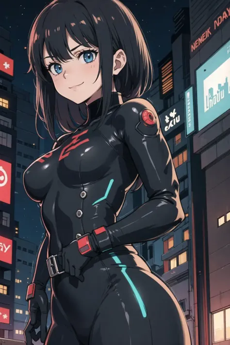 nsfw, upper body, (solo) (1girl, medium breasts), (beautifully drawn face:1.2) (plugsuit:1.3) stern smile, dynamic pose, BREAK
(standing in very dark cyberpunk night apartment:1.3) cross health bar BREAK
<lora:epiNoiseoffset_v2:1>