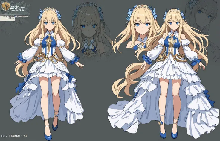 charturnerv2, 1girl, full body, blonde hair, long hair, blue eyes, white dress with blue details, princess, same outfit, concept-art, full body, detail_face, line_sketch, PlanIt, official art, official alternate costume, design style, multi style, detail character, 4_side, original, 8K GC, massive detail, multiple views of the same character, no background, only detail character, technical illustration, multiple views,masterpiece,best quality