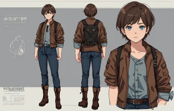 charturnerv2, 1boy, full body, brown hair, short hair, blue eyes, brown jacket, adventure, blue jeans, boots, backpack on shoulders, same outfit, concept-art, full body, detail_face, line_sketch, PlanIt, official art, official alternate costume, design style, multi style, detail character, 4_side, original, 8K GC, massive detail, multiple views of the same character, no background, only detail character, technical illustration, multiple views,masterpiece,best quality