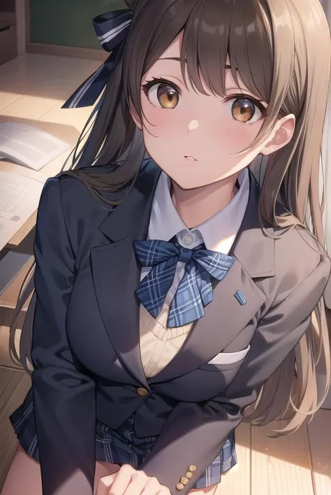 kotoriminami, <lyco:kotoriminami-lyco-nochekaiser:1>,
kotori minami, brown hair, (brown eyes:1.5), one side up, hair ribbon, ribbon, long hair,
BREAK blazer, blue skirt, jacket, otonokizaka school uniform, pleated skirt, school uniform, winter uniform,
BREAK looking at viewer,
BREAK indoors, classroom,
BREAK <lyco:GoodHands-beta2:1>, (masterpiece:1.2), best quality, high resolution, unity 8k wallpaper, (illustration:0.8), (beautiful detailed eyes:1.6), extremely detailed face, perfect lighting, extremely detailed CG, (perfect hands, perfect anatomy),