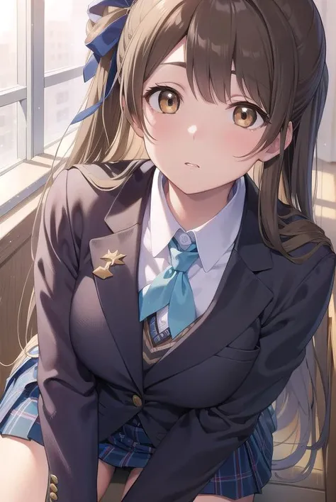 kotoriminami, <lyco:kotoriminami-lyco-nochekaiser:1>,
kotori minami, brown hair, (brown eyes:1.5), one side up, hair ribbon, ribbon, long hair,
BREAK blazer, blue skirt, jacket, otonokizaka school uniform, pleated skirt, school uniform, winter uniform,
BREAK looking at viewer,
BREAK indoors, classroom,
BREAK <lyco:GoodHands-beta2:1>, (masterpiece:1.2), best quality, high resolution, unity 8k wallpaper, (illustration:0.8), (beautiful detailed eyes:1.6), extremely detailed face, perfect lighting, extremely detailed CG, (perfect hands, perfect anatomy),