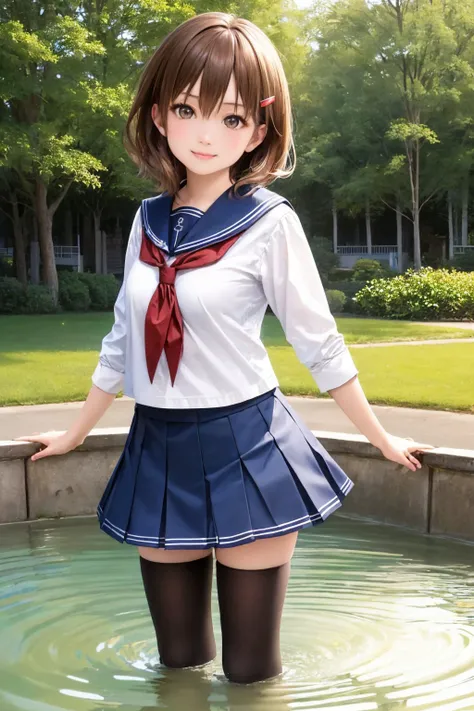 (masterpiece, best quality:1.2), cowboy shot, solo, 1girl, ikazuchi, fang, smile, looking at viewer, wading, hairclip, school uniform, serafuku, skirt, thighhighs <lora:kancolle_ikazuchi:1.0>