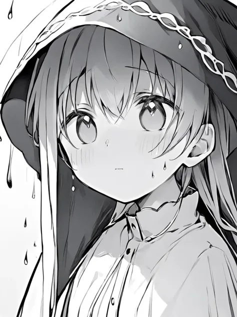 ultra-detailed,(best quality),((masterpiece)),(highres),original,extremely,<lora:keainiex_xl:1>,keainie, monochrome, greyscale, flying sweatdrops, 1girl, solo, hair between eyes, bangs, white background, long sleeves, long hair, simple background, veil, wide sleeves, upper body, sweat, looking at viewer, collared shirt, shirt