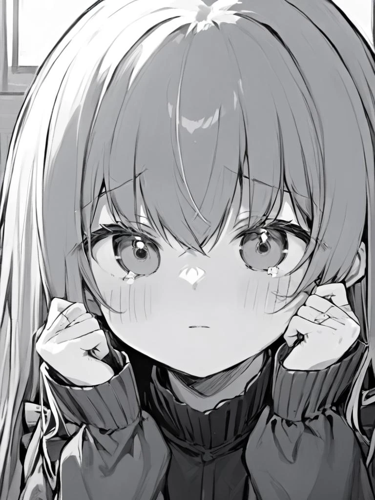 ultra-detailed,(best quality),((masterpiece)),(highres),original,extremely,<lora:keainiex_xl:1>,keainie, 1girl, greyscale, monochrome, solo, long sleeves, :<, bangs, hair between eyes, hands up, long hair, closed mouth, tears, looking at viewer, upper body, puffy sleeves, crossed bandaids