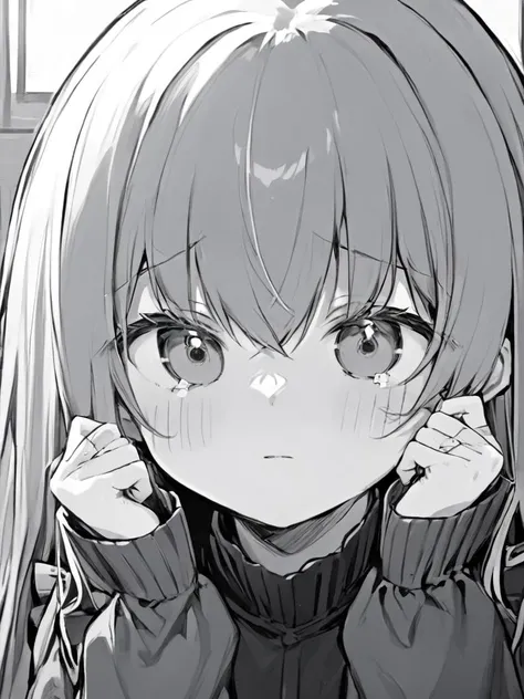 ultra-detailed,(best quality),((masterpiece)),(highres),original,extremely,<lora:keainiex_xl:1>,keainie, 1girl, greyscale, monochrome, solo, long sleeves, :<, bangs, hair between eyes, hands up, long hair, closed mouth, tears, looking at viewer, upper body, puffy sleeves, crossed bandaids