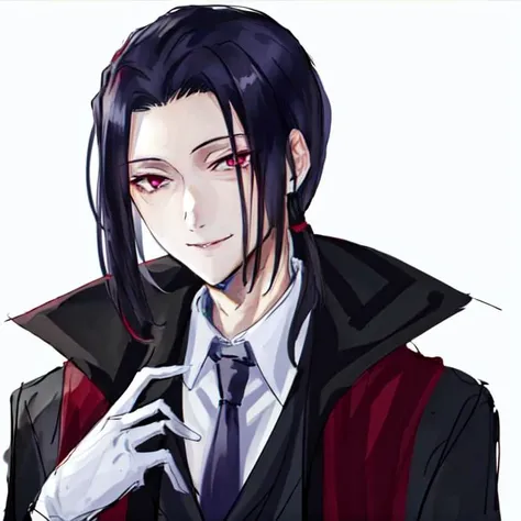 solo, male focus, 1boy, black hair, swept back hair, medium hair, tsurime, formal, mature male, pink eyes, smile, hand on own mouth, looking at viewer, <lora:Ougai_Mori:1>