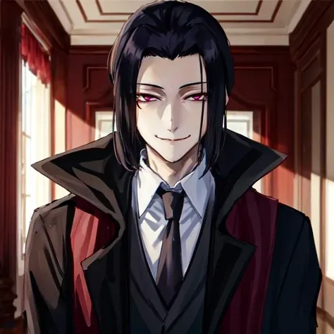 solo, male focus, 1boy, black hair, swept back hair, medium hair, tsurime, formal, mature male, pink eyes, smirk, looking at viewer, mansion interior, <lora:Ougai_Mori:0.8>