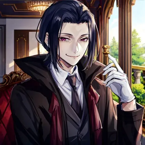 solo, male focus, 1boy, black hair, swept back hair, medium hair, tsurime, formal, mature male, pink eyes, smirk, looking at viewer, <lora:Ougai_Mori:1>