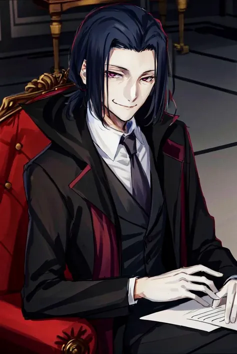 solo, male focus, 1boy, black hair, swept back hair, medium hair, tsurime, formal, mature male, pink eyes, smirk, looking at viewer, <lora:Ougai_Mori:1>