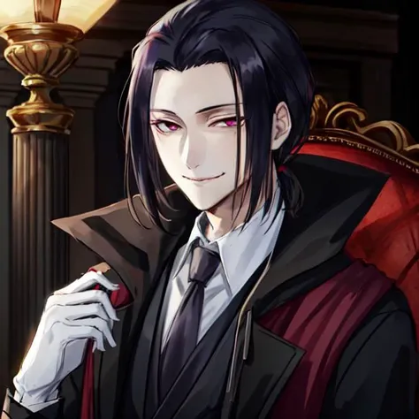 solo, male focus, 1boy, black hair, swept back hair, medium hair, tsurime, formal, mature male, pink eyes, smirk, looking at viewer, mansion interior, <lora:Ougai_Mori:0.8>
