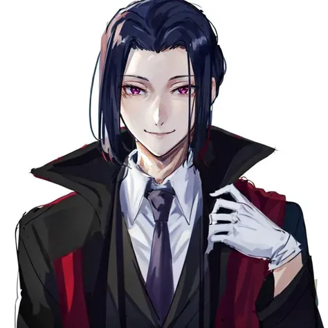 solo, male focus, 1boy, black hair, swept back hair, medium hair, tsurime, formal, mature male, pink eyes, smile, looking at viewer,  <lora:Ougai_Mori:1>