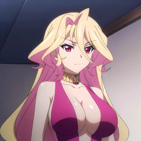 (masterpiece), (perfect hands), best quality, expressive eyes, perfect face, woman with long blonde hair in high ponytail with bangs, wearing pink bodysuit, pink heart earrings and pink crown on head