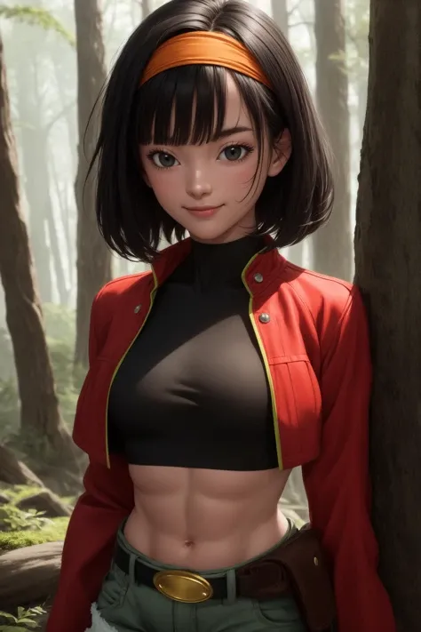 (masterpiece, best quality), 1girl, <lora:DBH_Pan_v1:1> pan,1girl,solo,short hair,bangs,black hair,orange headband,black eyes,  belt,crop top,red jacket,crop jacked,green shorts,turtleneck,