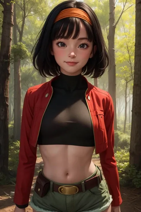 pan,1girl,solo,short hair,bangs,black hair,orange headband,black eyes,
belt,crop top,red jacket,crop jacked,green shorts,turtleneck
smile,closed mouth,cowboy shot,
forest,outdoor,
(insanely detailed, beautiful detailed face, masterpiece, best quality) cinematic lighting,<lora:DBH_Pan_v1:1>, <lora:more_details:0.3>,