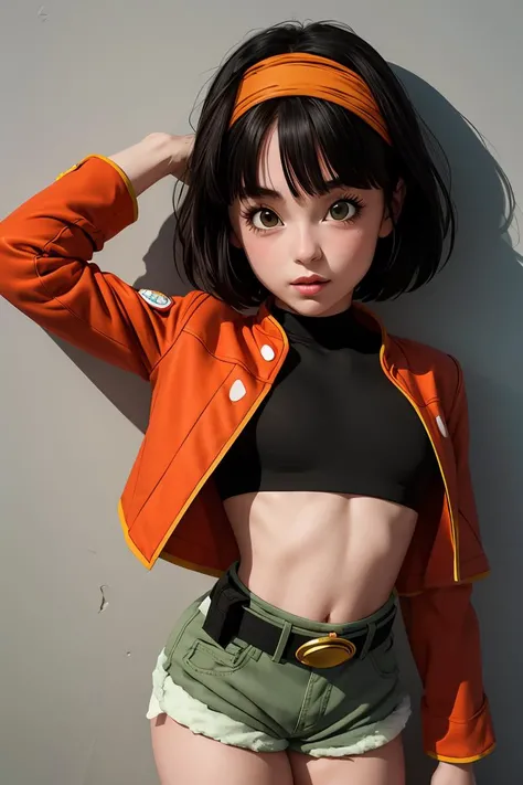 (masterpiece, best quality), 1girl, <lora:DBH_Pan_v1:1> pan,1girl,solo,short hair,bangs,black hair,orange headband,black eyes, belt,crop top,red jacket,crop jacked,green shorts,turtleneck,