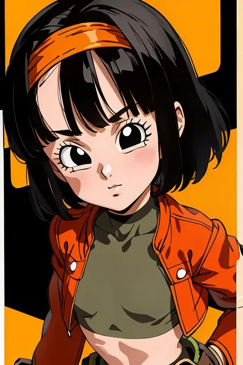 (masterpiece, best quality), 1girl, <lora:DBH_Pan_v1:1> pan,1girl,solo,short hair,bangs,black hair,orange headband,black eyes,  belt,crop top,red jacket,crop jacked,green shorts,turtleneck,