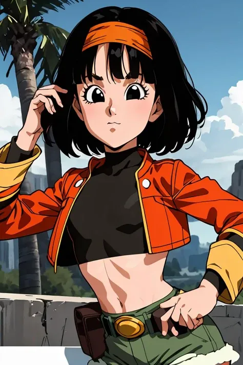 (masterpiece, best quality), 1girl, <lora:DBH_Pan_v1:1> pan,1girl,solo,short hair,bangs,black hair,orange headband,black eyes,  belt,crop top,red jacket,crop jacked,green shorts,turtleneck,