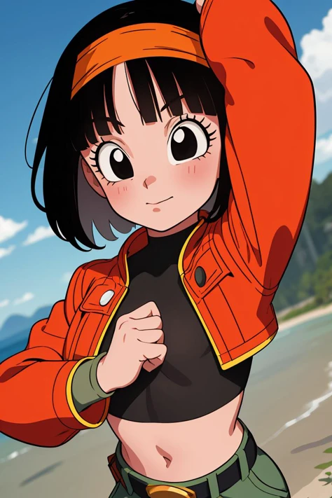(masterpiece, best quality), 1girl, <lora:DBH_Pan_v1:1> pan,1girl,solo,short hair,bangs,black hair,orange headband,black eyes, belt,crop top,red jacket,crop jacked,green shorts,turtleneck,
