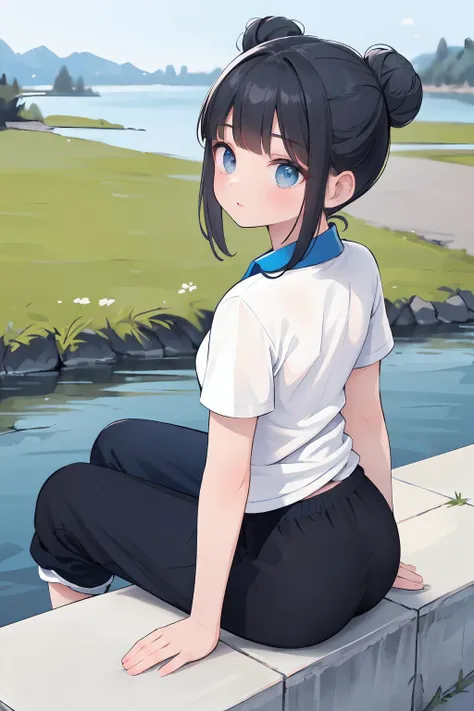 masterpiece, (best quality), 8k, delicate, hyper detail, finely detailed, (detailed skin:1.2).
((beautiful detailed girl)),solo, ((white shirt with blue collar)),black sweatpant,full body,student,hair buns,eye highlight, black hair
in front of the river, look back
<lora:SZuniform:0.4>