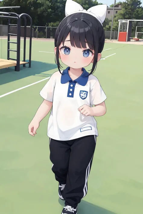 masterpiece, (best quality), 8k, delicate, hyper detail, finely detailed, (detailed skin:1.2).
((beautiful detailed girl)),solo,white shirt with blue collar,black sweatpant,full body,student,hair buns,running,eye highlight, black hair
in the school, running at the playground with a few classmates
<lora:SZuniform:0.4>