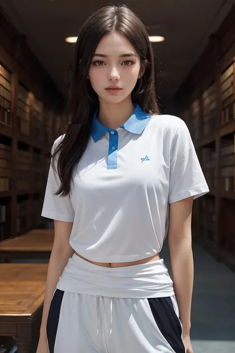 Best quality,masterpiece,ultra high res,RAW photo,(photorealistic:1.4),1girl,detailed face,cowboy shot,in (white shirt with blue collar, black sweatpant) ,<lora:SZuniform:0.4>, (narrow waist:1.2),long hair,in the library,bokeh,beautiful lighting,model posing,