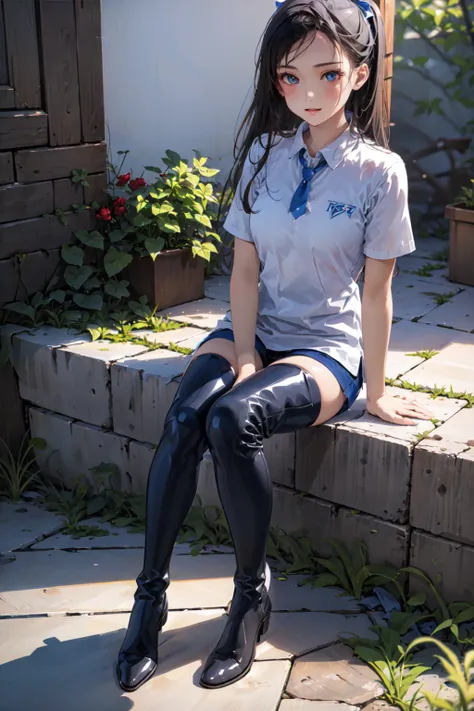 (masterpiece:1.2),(realistic:1.2),1 girl,3d face, (detailed beautiful eyes:1.2),(solo),full body,(very long thigh boots),white shirt with blue collar,<lora:ShenzhenUniform_v10:0.6>,[detailed beautiful face::0.8],lustrous skin,<lora:shojovibe_v11:0.7>