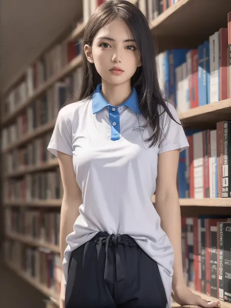 Best quality, masterpiece, ultra high res, RAW photo, (photorealistic:1.4), 1girl, <lora:cuteGirlMix4_v10:0.5> detailed face, cowboy shot, in (white shirt with blue collar, black sweatpant) <lora:SZuniform:0.4> (narrow waist:1.2), long hair, in the library, bokeh, beautiful lighting, model posing