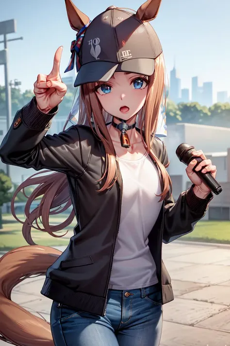 masterpiece, best quality, 
grass wonder \(umamusume\), 
hat, pants, holding microphone, black headwear, denim, black jacket, white shirt, jeans, long sleeves, open mouth, open clothes, baseball cap, open jacket, pointing at viewer, collarbone, ears through headwear, cowboy shot <lora:grass_wonder_lora:0.7>