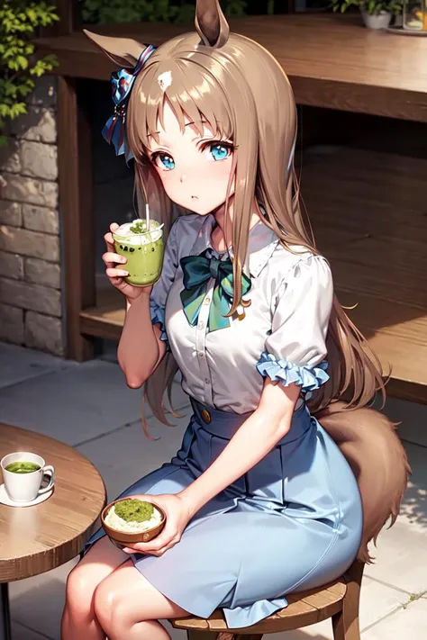 masterpiece, best quality, 
grass wonder \(umamusume\), 
matcha, holding cup, sitting, table, tray, 
white shirt, blue skirt, puffy short sleeves
 <lora:grass_wonder_lora:0.7>