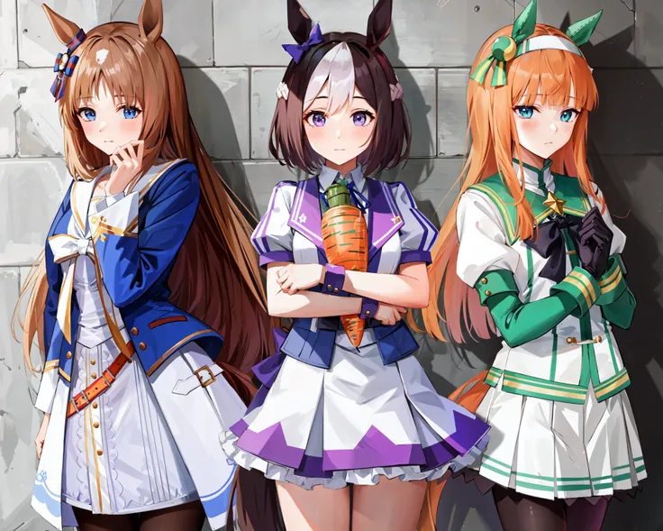 masterpiece, best quality, best aesthetic, ultra-detailed, 3girls, against wall, tile wall
AND 3girls, grass wonder \(umamusume\), white sailor collar, blue jacket, long sleeves, armband, white dress, white skirt, black pantyhose, boots, brown footwear, mismatched footwear, <lora:grassWonderUmamusume_v10:0.8>, street, blush,
AND 3girls, special week \(umamusume\), ear bow, purple bow, puffy short sleeves, neck ribbon, blue ribbon, cropped jacket, white jacket, two-tone jacket, collared shirt, white shirt, purple vest, wristband, wrist cuffs, white skirt, <lora:special_week_loha:0.6>, pov, thighs, (hug carrot:1.3), (from below:0.9),
cowboy shot, nice hands, <lora:nice_hands:1>, against wall, tile wall, embarrassed
AND 3girls, silence suzuka \(umamusume\), black gloves, white skirt, pleated skirt, black pantyhose, layered sleeves, puffy short sleeves, short over long sleeves, black bow, <lora:silence_suzuka_lora:0.8> ,
cowboy shot, blush, nice hands, <lora:nice_hands:1>, against wall, tile wall, looking aside