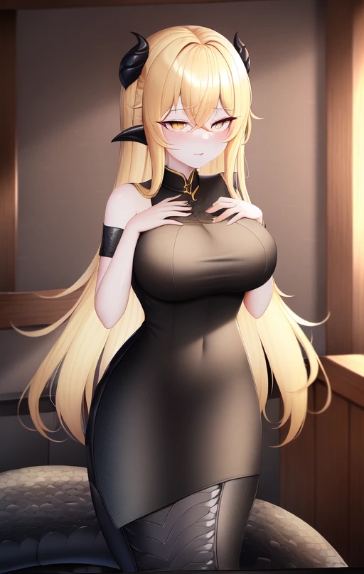 <lora:LamiaX-000006:1>lamia,blonde,black tail,dress