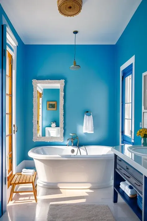 interior photography, santoriniiterior, bathroom, bathtub, details, yellow light, lamp, white wall, blue paint, dawn, painting, flower, mirror, <lora:ARWSantoriniInterior:1>