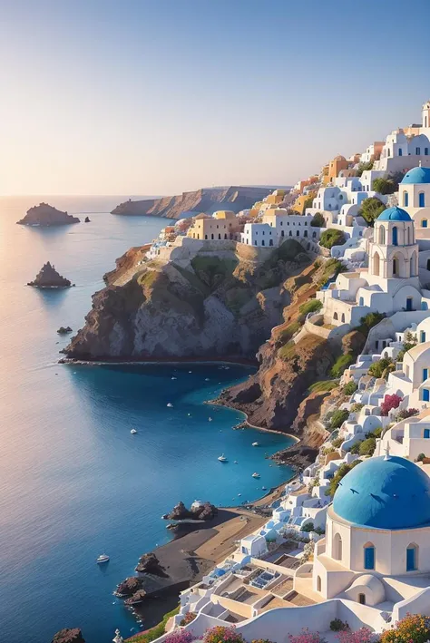landscape, photography, santorini, blue dome, flower, church, city, cliff, dawn, epic, cinematic, cliff, ocean, ornate, realistic,<lora:ARWSantorini:1> advntr