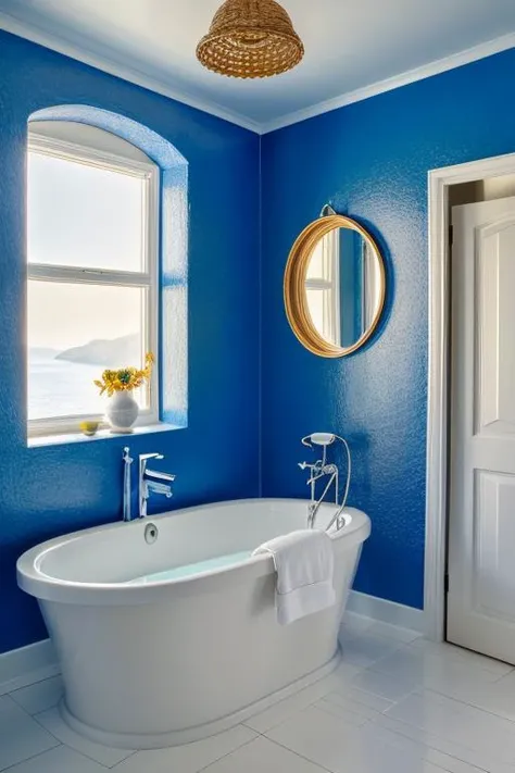 interior photography, santoriniiterior, bathroom, bathtub, mediteranian, details, yellow light, lamp, white wall, blue paint, dawn, painting, flower, mirror, <lora:ARWSantoriniInterior:1>