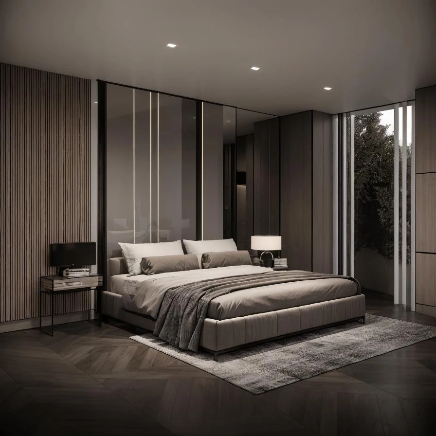 bedroom, gdmint luxury modern interior design, luxury, modern,(Minimalist:1.2), natural light, lamp, black tile floor, bedside table, large glass door, potted plant, main dark color, RAW photo, Masterpiece, high quality, best quality, ultra super realistic, super detailed, 8k high quality, detailed, colorful analog photo, masterpiece, photorealistic, vibrant color film, masterclass, heavy (film grain), <lora:Loratrain:0.4>