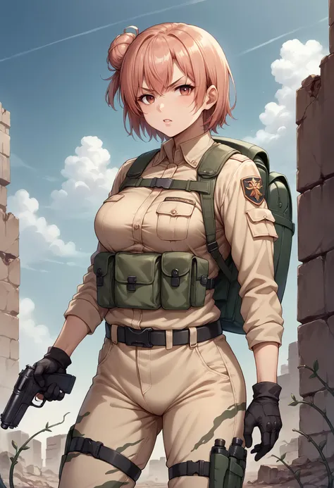 score_9, score_8_up, score_7_up, source_anime, 1girl, solo, looking at viewer, yyghm, short hair, single hair bun, soldier, military, long sleeves, military uniform, camouflage, body armor, ruins, outdoors, overgrown, post-apocalypse, contrapposto, legs apart, standing, gloves, pants, belt, backpack, building, cloudy sky, power lines, vines, cowboy shot, holding gun, handgun, serious, v-shaped eyebrows, parted lips