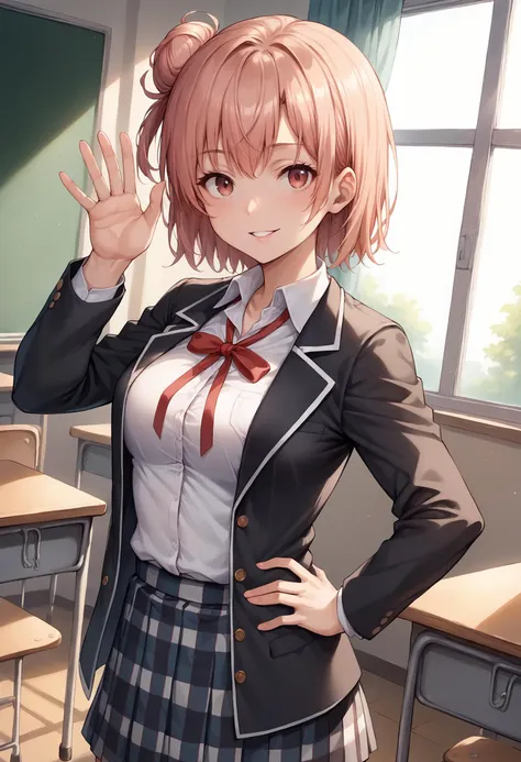 score_9, score_8_up, score_7_up, source_anime, 1girl, solo, looking at viewer, yyghm, short hair, single hair bun, black jacket, open jacket, neck ribbon, collared shirt, plaid skirt, black kneehighs, hand on hip, dutch angle, indoors, classroom, school desk, window, curtains, waving, hand up, upper body, school chair, sunlight, smile, parted lips