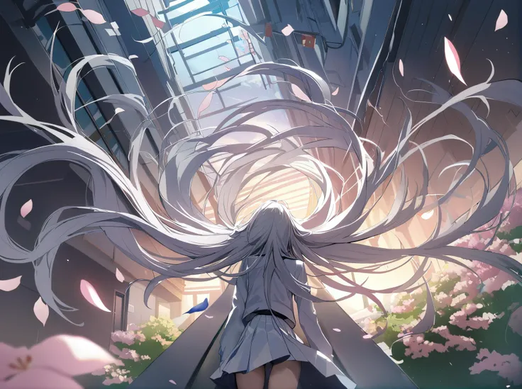 1girl, extreme detailed, Very detailed, colorful, highest detailed, masterpiece, best quality, highres, 8k, highly detailed face, <lora:eve_path_to_nowhere_xl:1>, Eve\(path_to_nowhere\), from behind, grey hair, very long hair, school uniform, white uniform, floating hair, cherry blossoms, petals