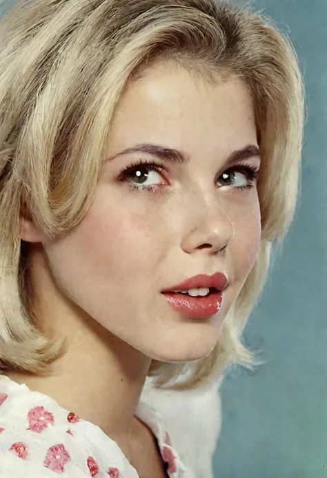 1960s, young soviet teen russian child girl, short hair, platinum blond, (huge pupils:1.5), one-side smirk, slightly parted lips, opened mouth, tongue out, (cornea reflections, skin bump, skin pores, skin fuzz, vellus hair, goose bump, subsurface scattering, transluscency:1.3), intricately detailed, depth of field, vignette, exquisite natural backlighting