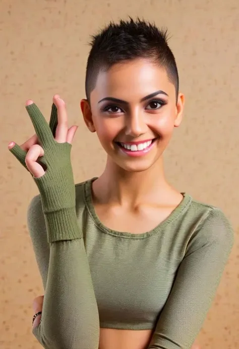 spiky bald hairstyle, short hair, mexican skin, gloves, crop top military, 1girl ,dark black hair, ((hair cut super short,)), soft Brown eyes, smile lips,