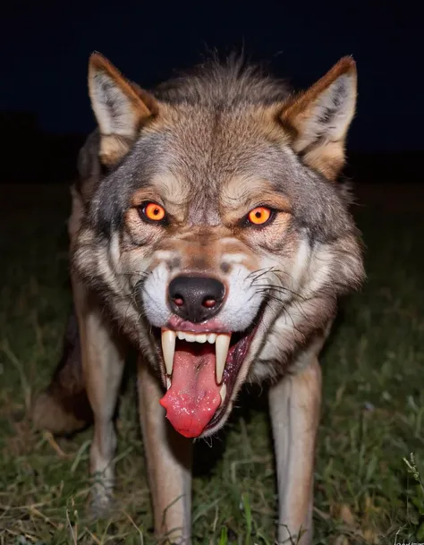 a wolf in a field, natural lightning, glooming red eyes, haze, midnight, dark, moon, looking at camera, closeup, open mouth, (gnash teeth)