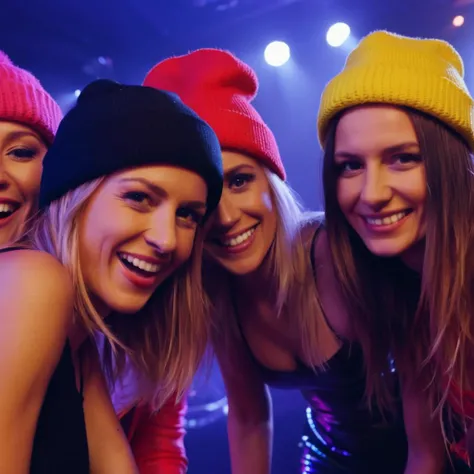 a group of women having fun in a nightclub in sweden, funny hats, view to camera, full body, realistic, 4k, sharp focus, detailed,